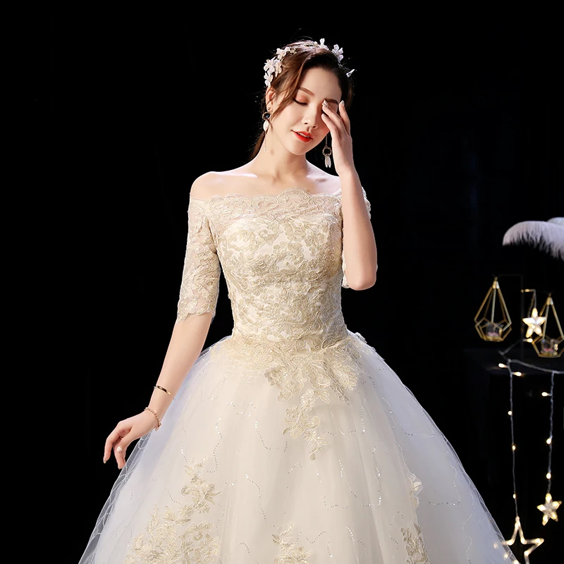 US $42.57 Wedding Dress 2021 Mrs Win The Elegant Boat Neck Sweep Train Princess Wedding Gowns Champagne Lace Plus Size Wedding Dresses F