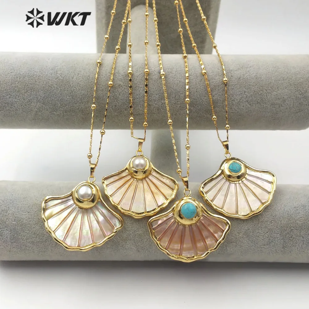 

WT-JN067 Carved Yellow Shell Necklace Skirts Shape Sea Shell With Turquoises&Pearl Charm Pendant Boho Gold ACC Beach Jewelry