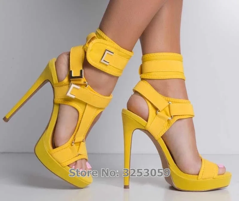 ALMUDENA/Европейские сандалии-гладиаторы на шпильках с металлической пряжкой на ремешке; обувь на платформе; туфли-лодочки с ремешками на лодыжках - Цвет: yellow as picture