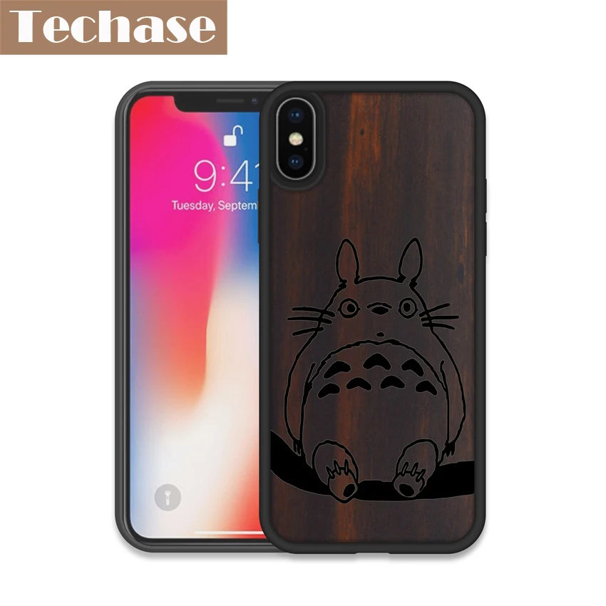 Techase Soft TPU+Ebony Wood Phone Cases For iPhone X Totoro Hard Real Wooden Back Protective Cover Anti-knock Case 8 | Мобильные