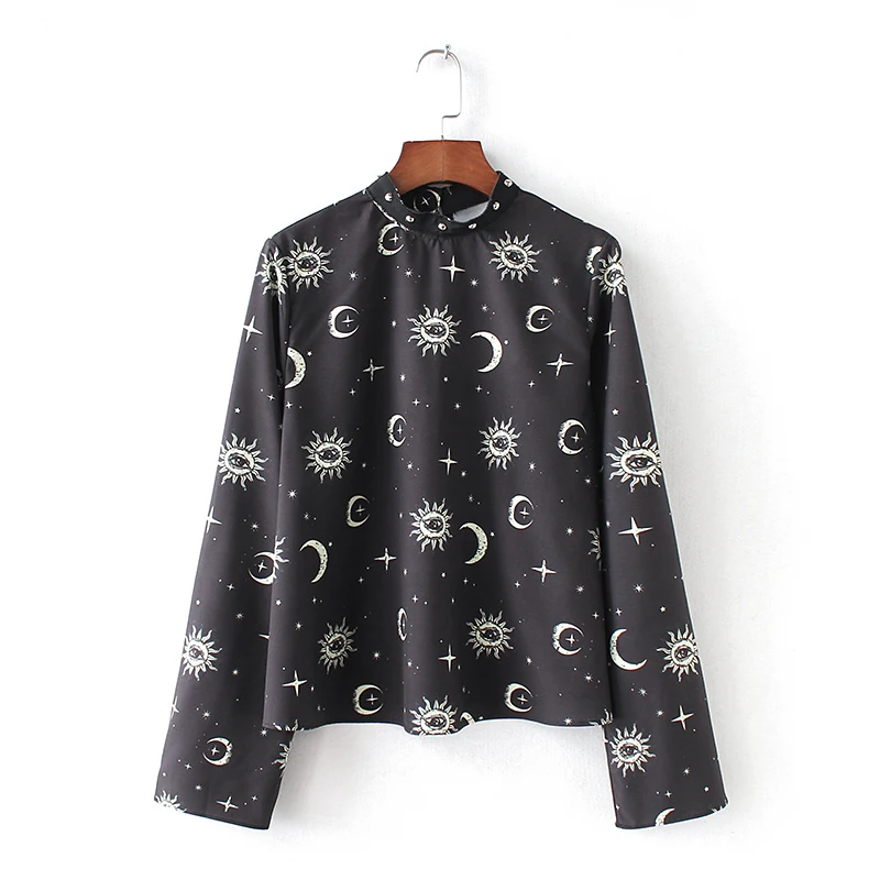 

2019 Spring Women fashion stand collar print casual loose kimono blouses ladies chic black smock shirt brand blusas tops LS3123