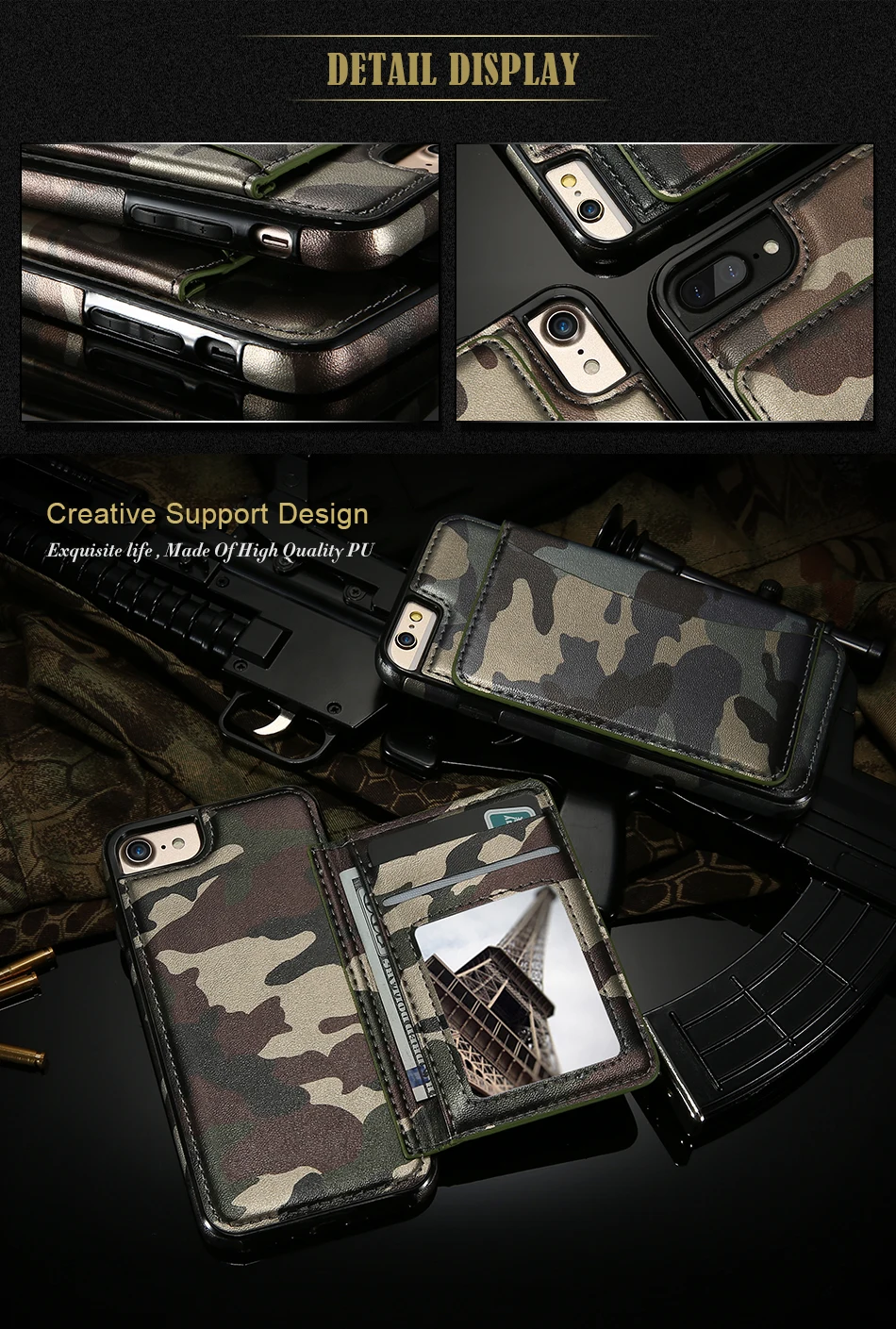 Чехол KISS, камуфляжный кожаный чехол для iPhone 6, 6s, 7, 8 Plus, чехол со слотом для iPhone 6, 7, 8 Plus, военная подставка, держатель, задняя крышка