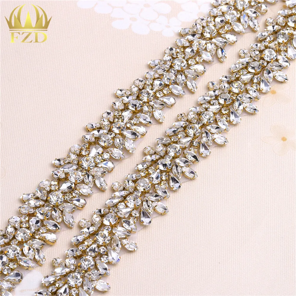 

(10yards) Wholesale Hot Fix Cristal Gold Iron On Rhinestone Applique for Garment Dresses Bridal Headbands Garters