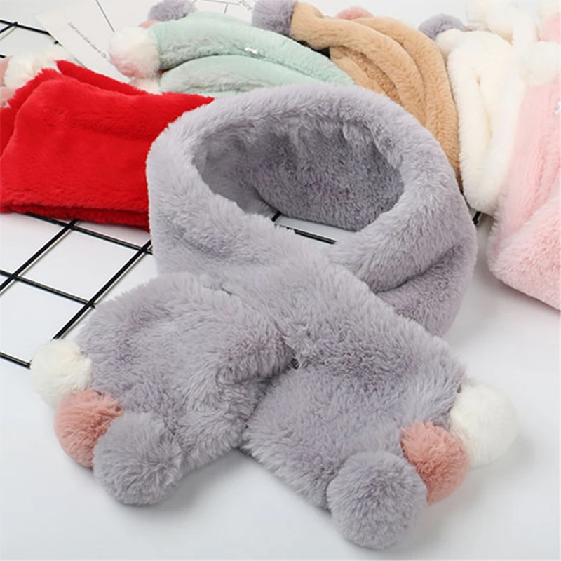 Winter Cute Children Scarf Boy Girls Scarves Baby Imitation Rabbit Fur Collar Scarf with Pompom Neck Warmers Christmas Gift