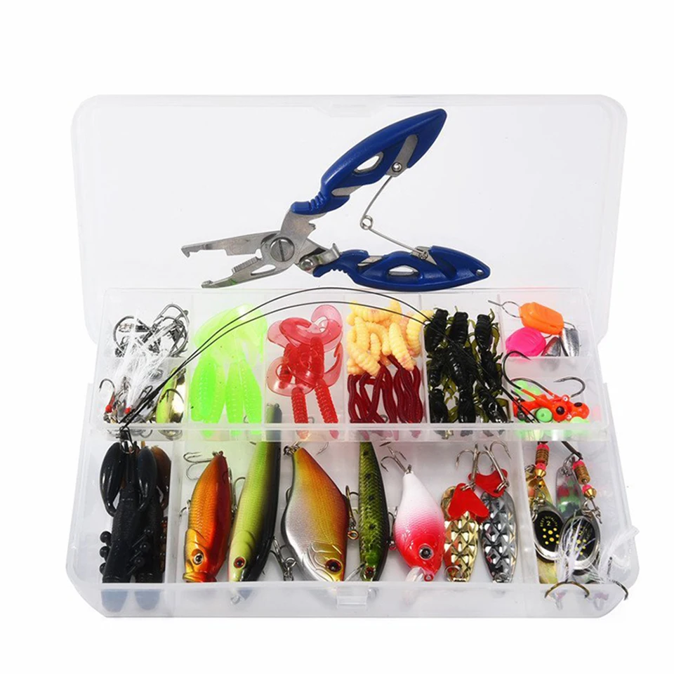 

101 Pcs Fishing Set Tackle Accessories with Box Swimbait Soft Hard Lure VIB Spoon Cutter Hooks Pliers Fishing