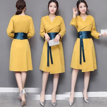 

Autumn Temperament Dress Elegant Waist Was Thin Sashes Midi Dress Office Work Wild Dress Women Brief Trendy Vestido De Festa