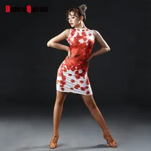 Hot selling Latin Dancing Dresses for Women Flower Print Sleeveless Silk Skirt Ladies Cha Cha/Professional Good Material Dresses