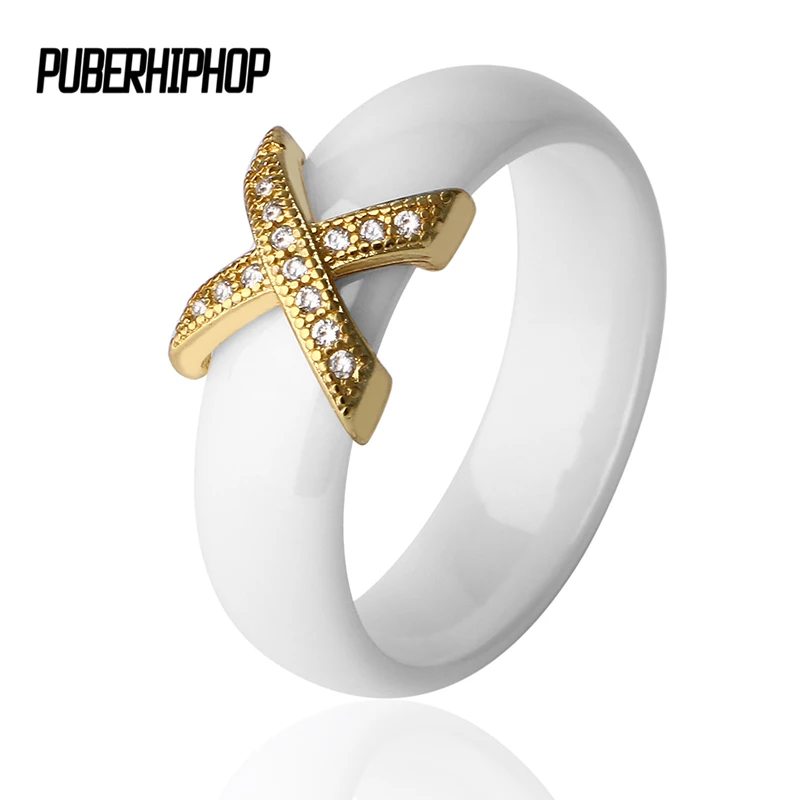 

America Style Gold Cross Ring for Women Men Fashion White Black Real Ceramic Ring Jewelry Wedding Engagement Rings Mother Gift