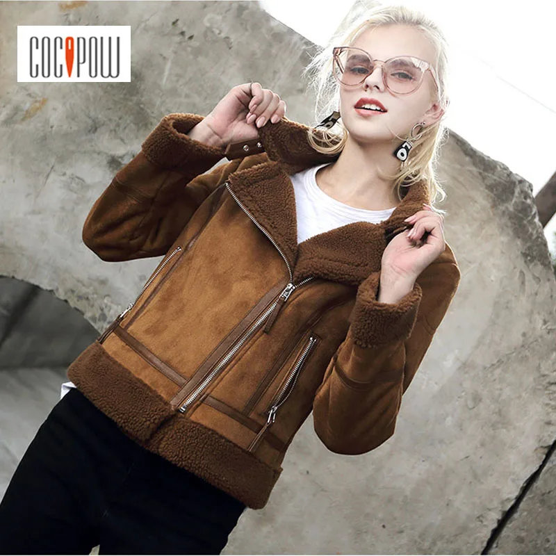Women Faux Shearling Sheepskin Coats Zipper Fly Turn down Collar Pocket