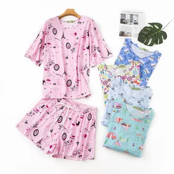 

New Sleepwear Suit Women Summer Cotton Cute Cartoon Short Sleeve Short Pants Pajamas Round Neck Printing Sexy Pijama 2-piece Set