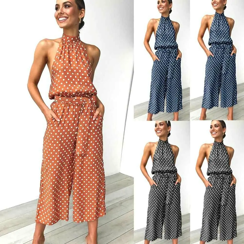 

Women Jumpsuit Sexy Halter Neck Backless Polka Dot Printed Wide Leg Jumpsuit Casual Romper Body Suit Ladies Clothing