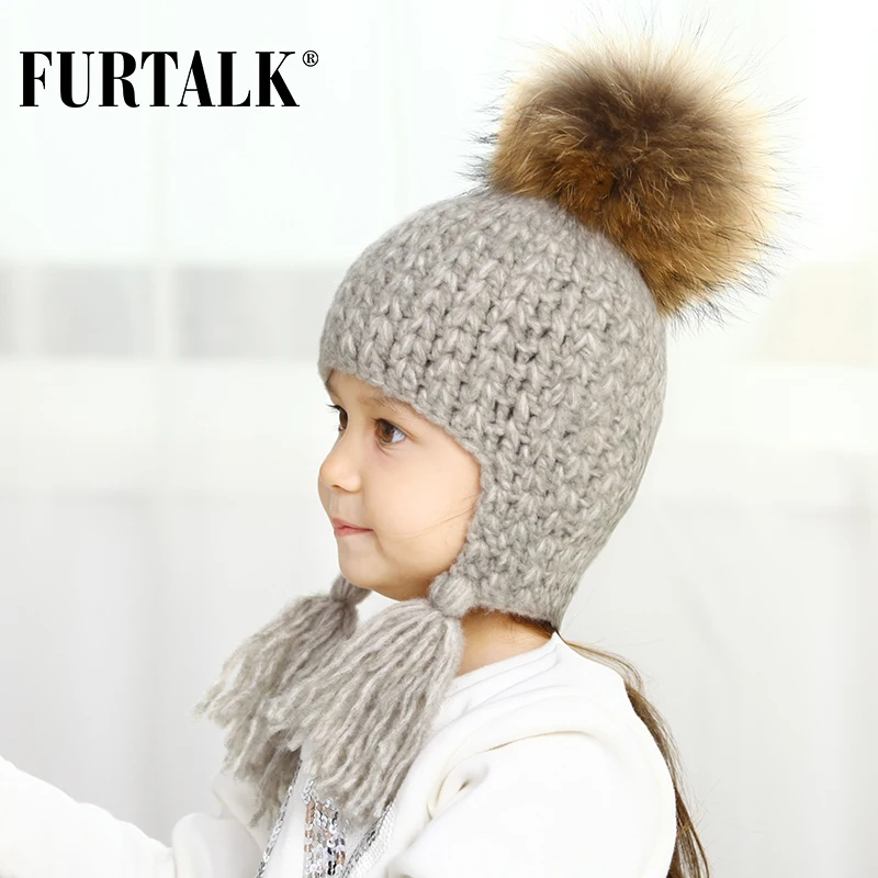 Buy FURTALK children winter wool earflap hat for girls and boys real fur pom