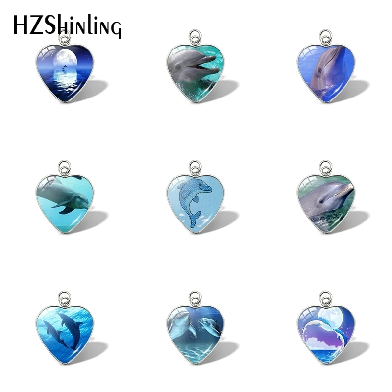 

2019 New Dolphins Heart Pendant Car Ladies Wallet Charms Pendants Art Glass Dome Cabochon Jewelry