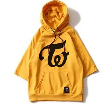 

Kpop twice logo printing fashion hooded short sleeve t shirt for summer style once supportive unisex yellow/green t-shirt