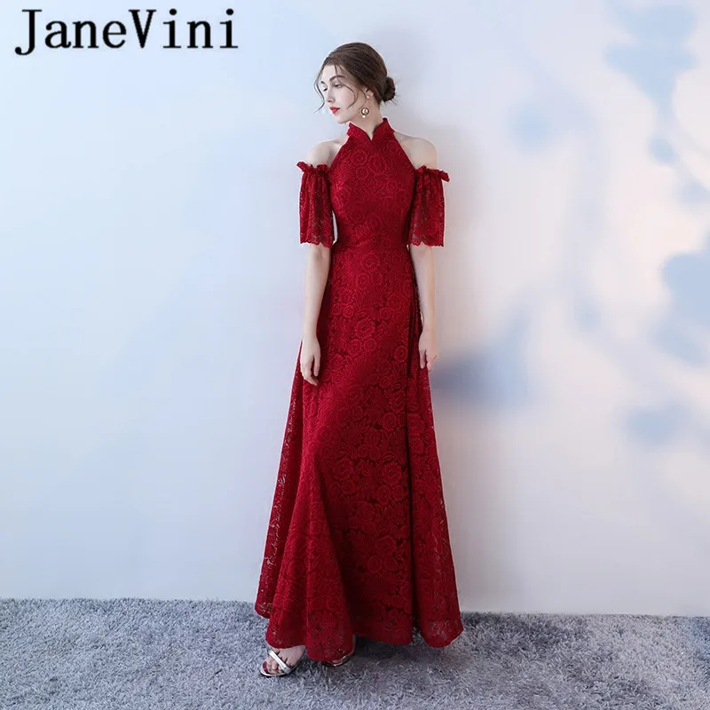 JaneVini винтажное бордовое кружевное платье для матери невесты длинное вечернее с