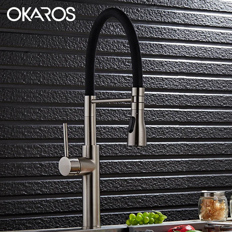  OKAROS Tall Kitchen Sink Faucet Pull Out Dual Spray Mode Nickle Brush Chef Mixer Tap 360 DegreeSwiv - 32838134814