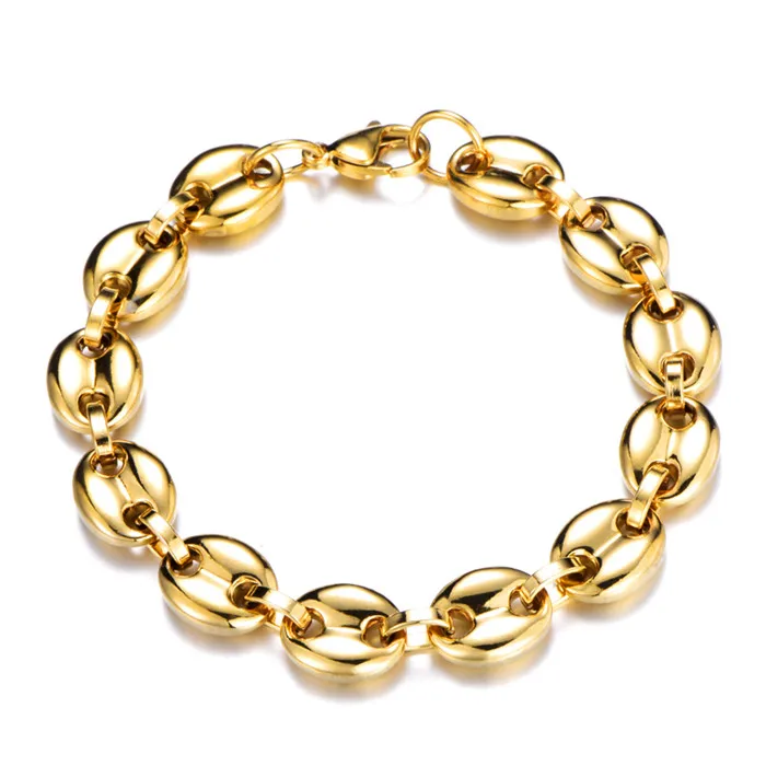 Хип-хоп ширина 11 мм нержавеющая сталь Золото Серебро кофейные бобы звено цепи ожерелье браслеты Цепочка для мужчин ювелирные изделия - Окраска металла: Gold (Bracelet)