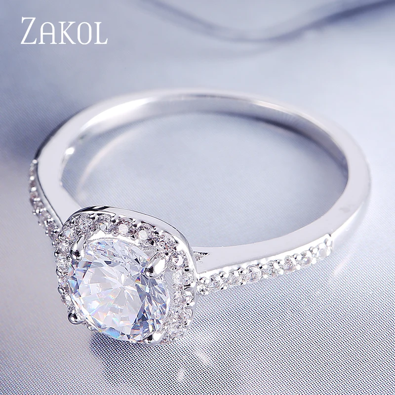 ZAKOL Round CZ Wedding Rings for Women Silver Color Jewelry Luxury Rings Engagement Square Bague Zirconia Accessories FSRP117