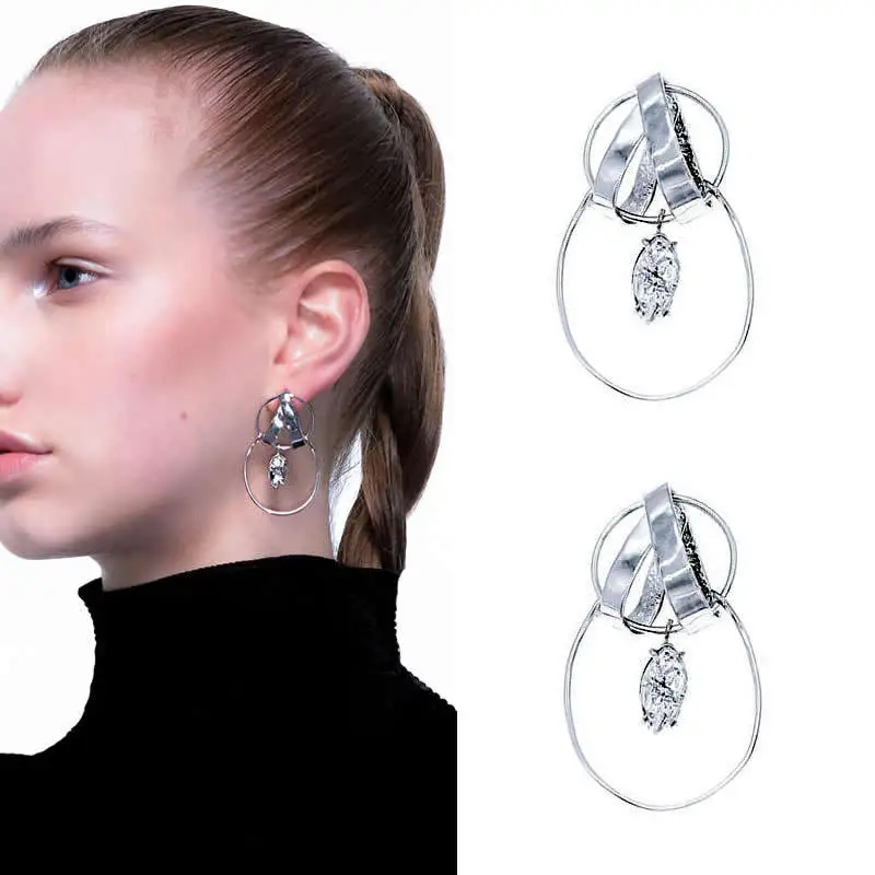 

Independent Designer Fake Gem Double Rings Earrings Copper Metal Wind Net Red Style