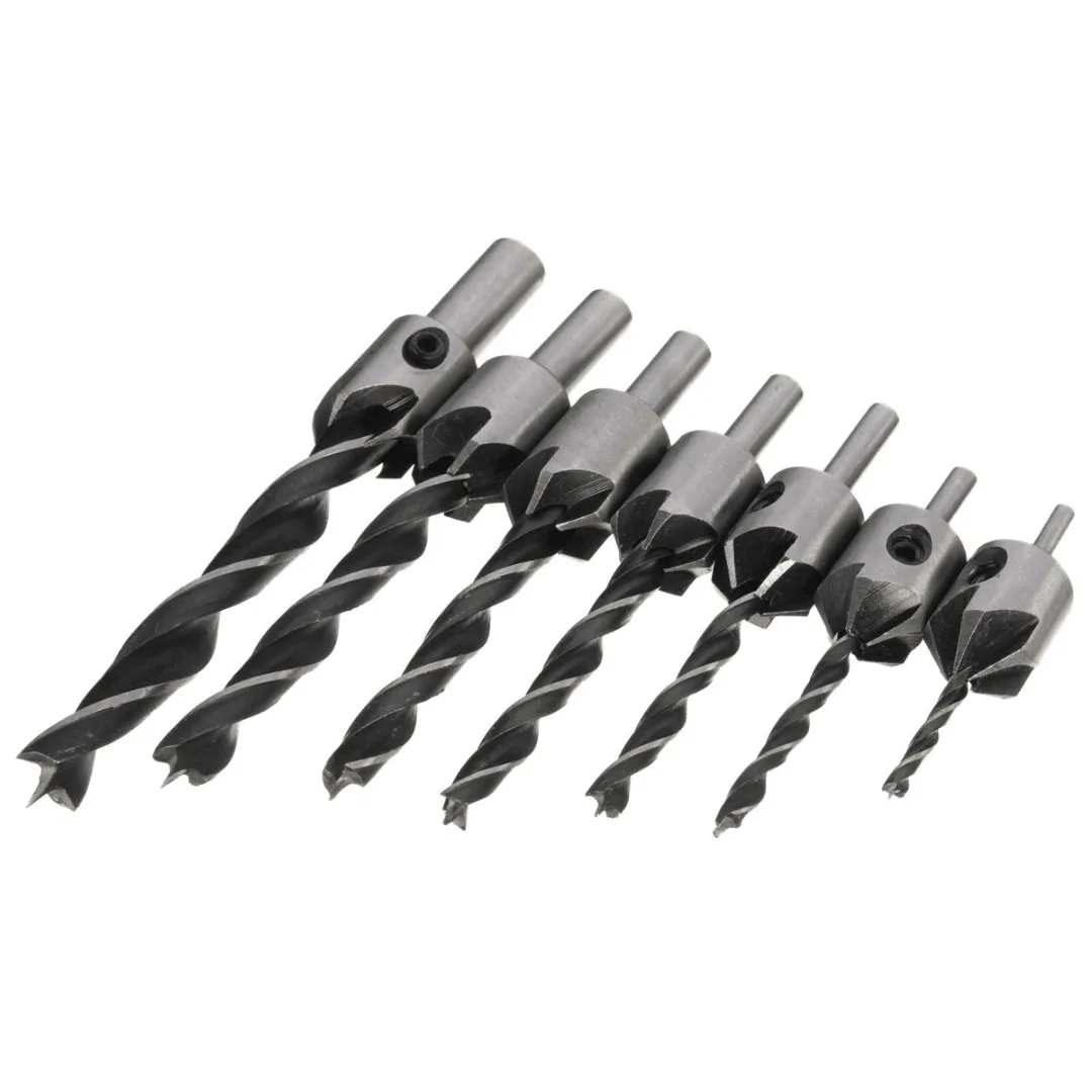 7pcs HSS 5 Flute Countersink Drills Bit Reamer Set Woodworking Chamfer 3-10mm