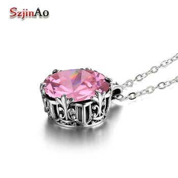 

Szjinao Charm Slavic Women Wedding Necklaces Pink Crystal 925 Sterling Silver Crown Pendants Vintage Jewelry Bohemian Chokers