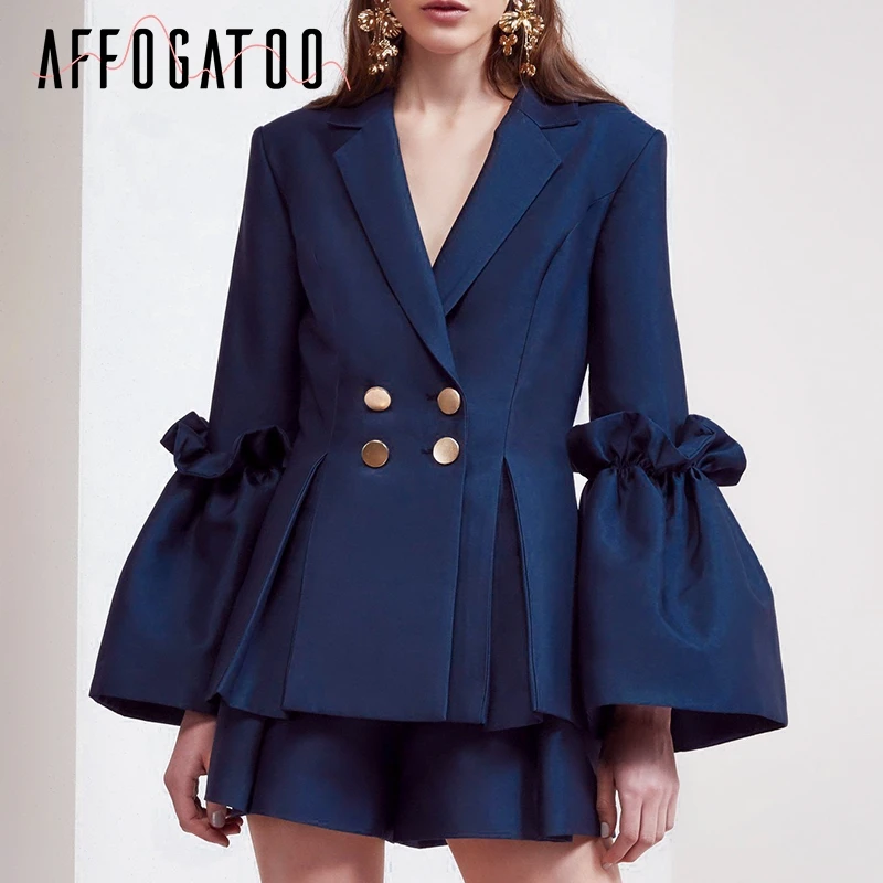 

Affogatoo Elegant V-neck double breasted satin suit blazer women Ruffle flare sleeve casual blazer Vintage OL autumn winter coat