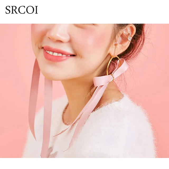 Srcoi Sweet Pink Ribbon Bow Earrings Gold Color Hoops Ear With Long Srcoi Sweet Pink Ribbon Bow Earrings Gold Color Hoops Ear With Long Silk Velvet Drop