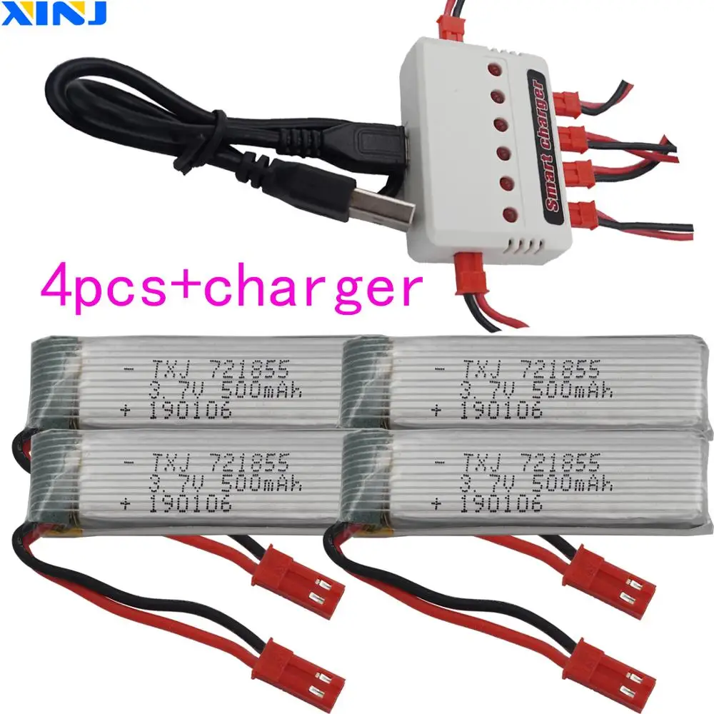 

XINJ Charger+4pcs 3.7V 500 mAh 25C lithium polymer battery lipo cell 721855 for Syma X5c Cheerson CX-30W RC Quadcopter Drone