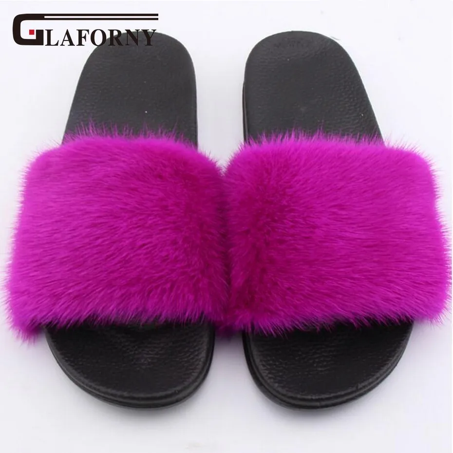 

Glaforny 2018 New Arrival Real Mink Fur Slippers Women Fashion Fur Furry Slides Handmade Flip Flops Bach Sandal Shoes
