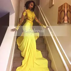Желтые платья на выпускной кружевная Апликация Южной Африки Русалка с длинными рукавами See Through Банкетный Вечеринка Платье vestidos de festa