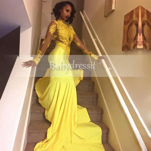 

Yellow Prom Dresses Lace Appliqued South African Mermaid Long Sleeves See Through Banquet Evening Party Gown vestidos de festa