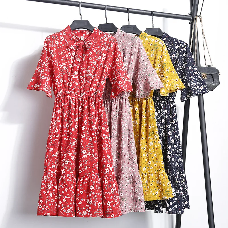 

New Elegant Ladies Print Floral Short Sleeve A-Line Dress Summer Women Sweet Chiffon Ruffles Empire O-Neck Lacing Long Dresses
