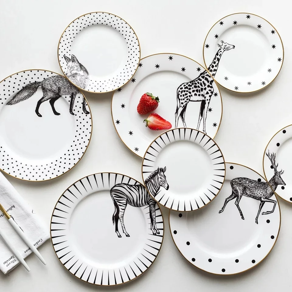 2 шт. 6 и 8 дюймов дизайн животных Круглый костяной фарфор тарелка посуда набор из 2 керамических тарелок зебра жираф волк wapiti Лось