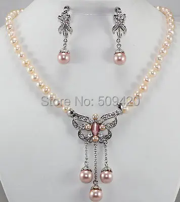 

W&O665 >>>Beautiful silver butterfly pink purple freshwater pearl necklace earrings