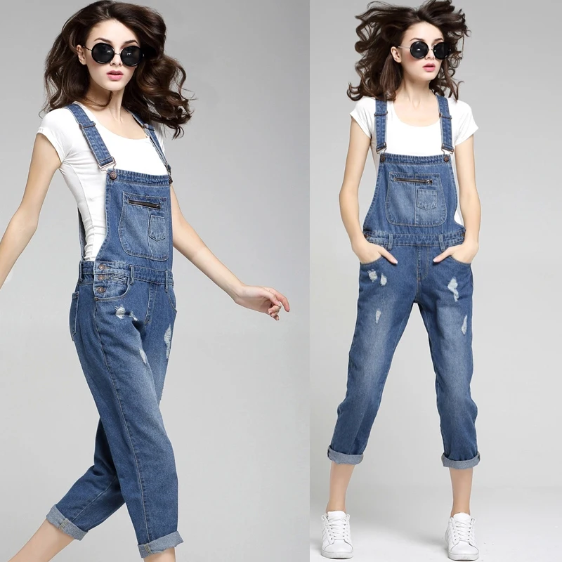 Fashion Spring Summer Womens Loose Ripped Hole Denim Overalls 100% ...