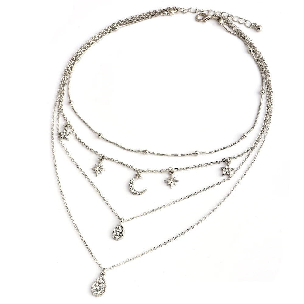 Женский винтажный кулон с кристаллами в виде звезд и лунных капель, многослойный серебряный кулон на шею, Трендовое ожерелье, вечерние ювелирные украшения, аксессуары