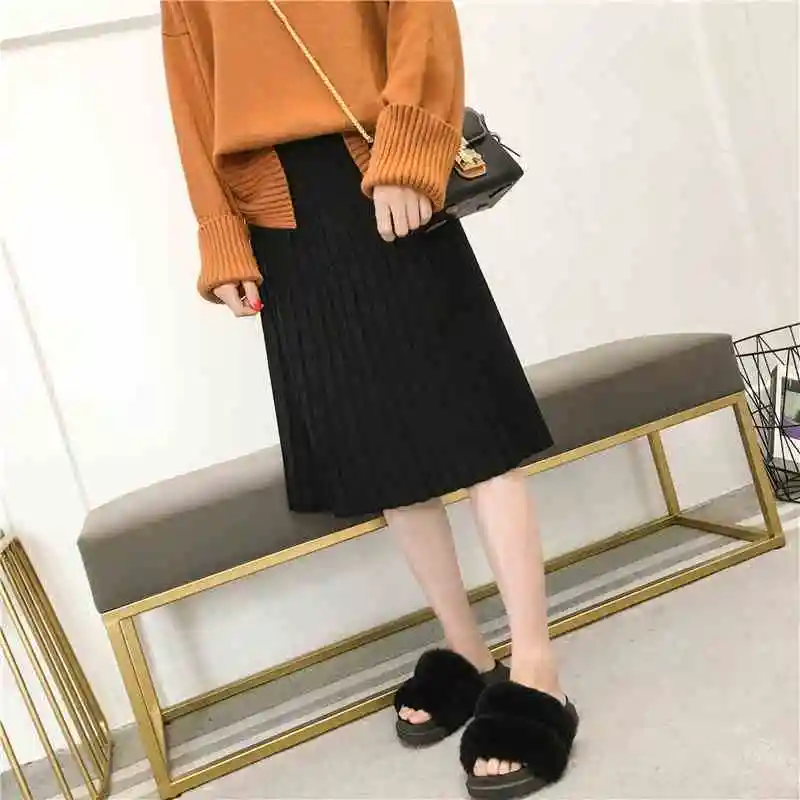 Новая женская трикотажная юбка весна осень сексуальная тонкая однотонная офисная плиссированная юбка Женская эластичная высокая талия Элегантная Юбка Saia SF619