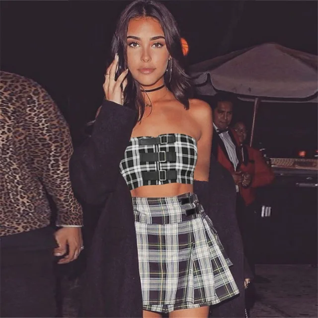 2 piece set women crop top and skirt set plaid wrap tube top irregular short skirt suit outfit female two piece set S1730860