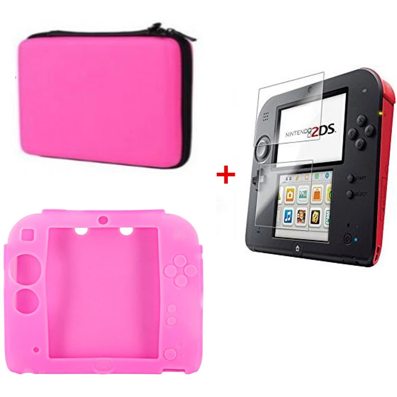 

Pink Silicone case Bag+Protect Clear Touch Film Screen Guard+Pink EVA Protector Hard Travel Carry Case Pouch bag for nintend 2DS
