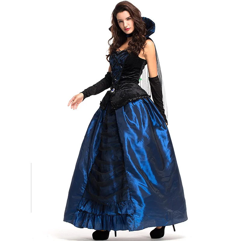 Cosplay halloween carnival party women Blue enchantress court dress Queen Earl dress Vampire suit sorcerer dress/hat adult