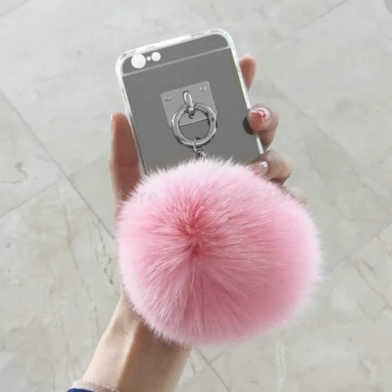 Для iPhone 11 Pro XS MAX XR 6 6S 4 5 5S 5G SE 7 8 S X plus 6plus 7P чехол с зеркальной кисточкой Мягкий Пушистый Теплый искусственный мех кролика помпон - Цвет: Silver Pink Ball