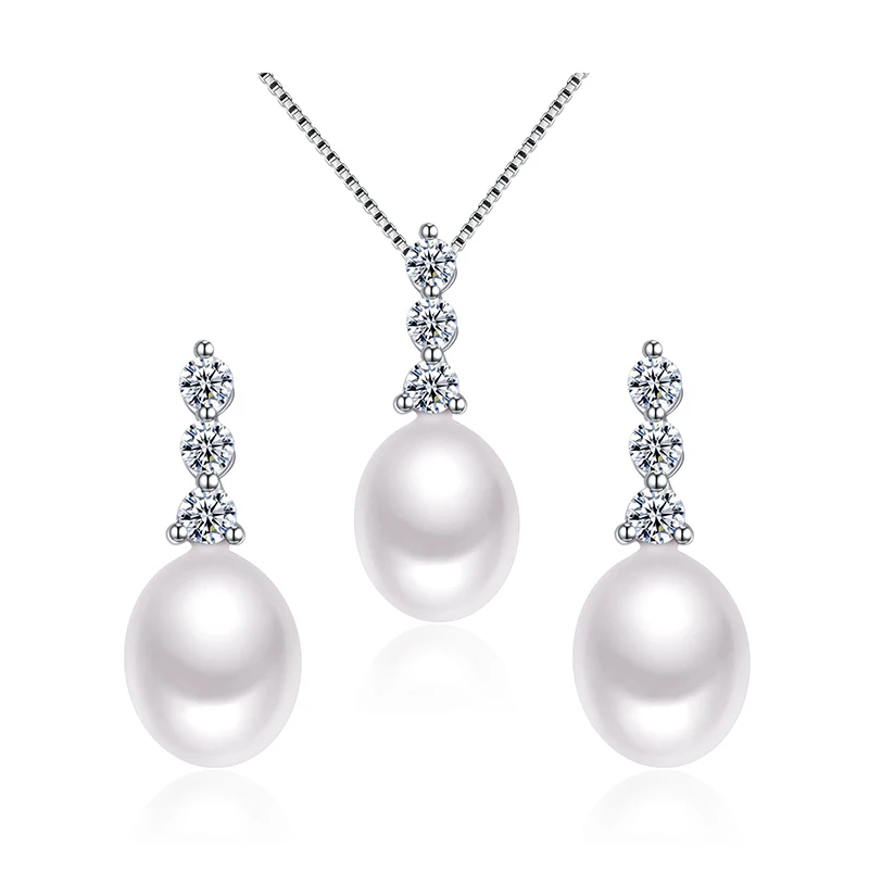 TZ2076EP fine jewelry Set Natural pearl silver Stud earring pendant necklace set white pearls