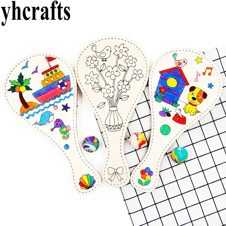 

6PCS/LOT.6 design Paint unfinished wood cartoon bouncy ball racket,Create your own,Drawing toys Kindergarten games arts crafts