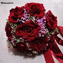 Реальные фотографии красная роза фиолетовый цветок свадебный букет красивые Birdal свадебные аксессуары, букеты