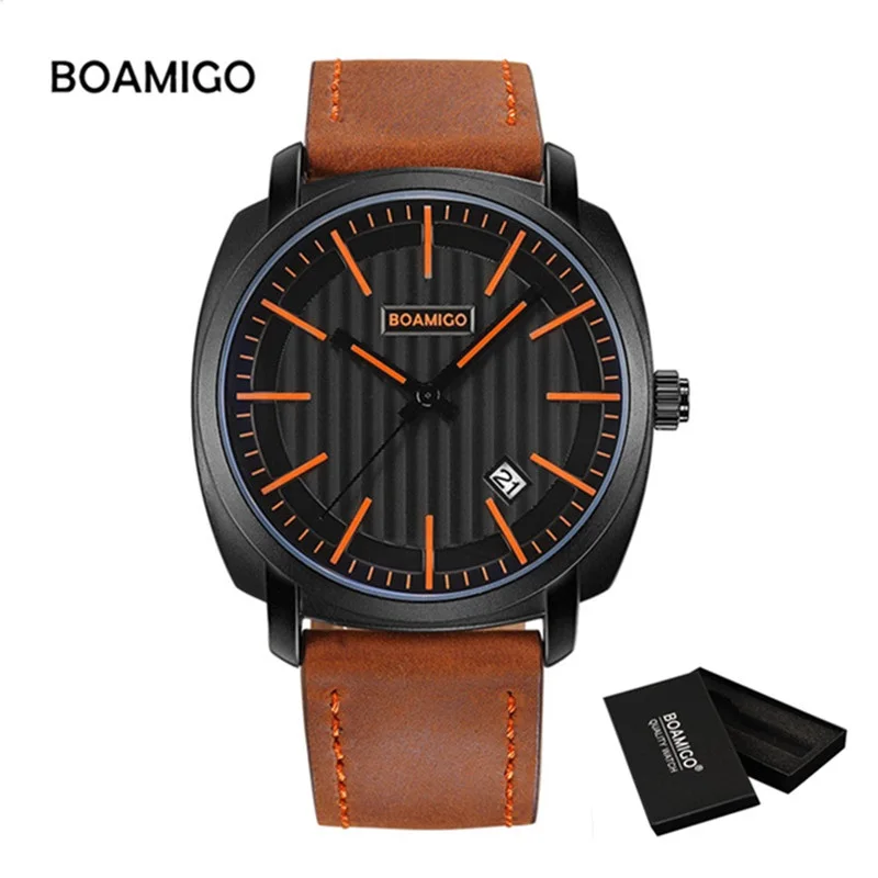 

Mens Watches Top Brand Luxury BOAMIGO Auto Date Quartz Watch Men Leather Waterproof Wristwatches Male Clock Relogio Masculino
