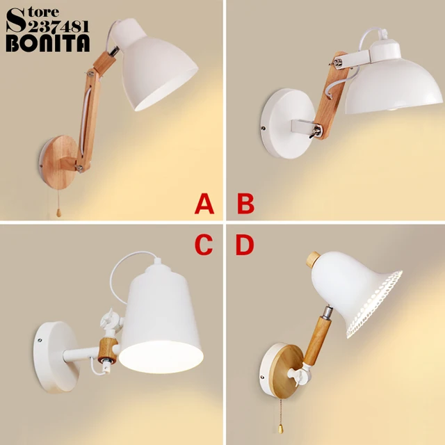 Us 53 18 40 Off Wooden Wall Lights For Bedroom Northern Europe Zipper Plug Switch Dimmable Led Swing Arm Rotating Sconces Lamps In