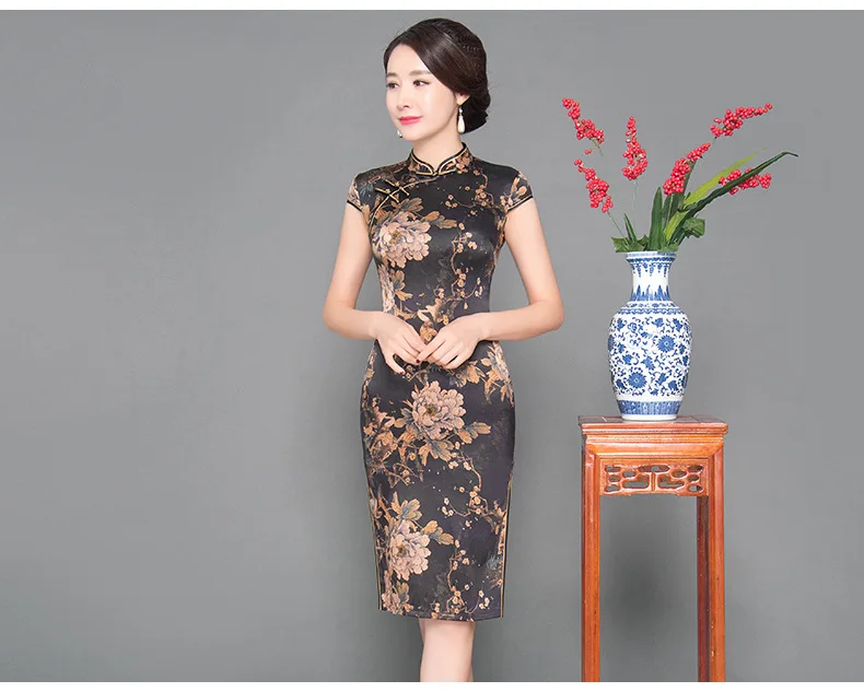 Лето старый qipao Шелковый черный воротник cheongsam ежедневно Улучшенная долго cheongsam Китайский hanfu Люкс матери