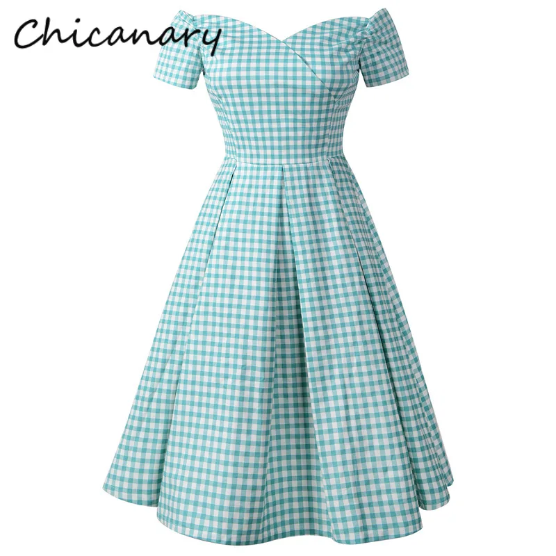 

Chicanary Green Plaid Print Women Sweetheart Neck Vintage Dresses Off the Shoulder Retro Cocktail Party Dresses