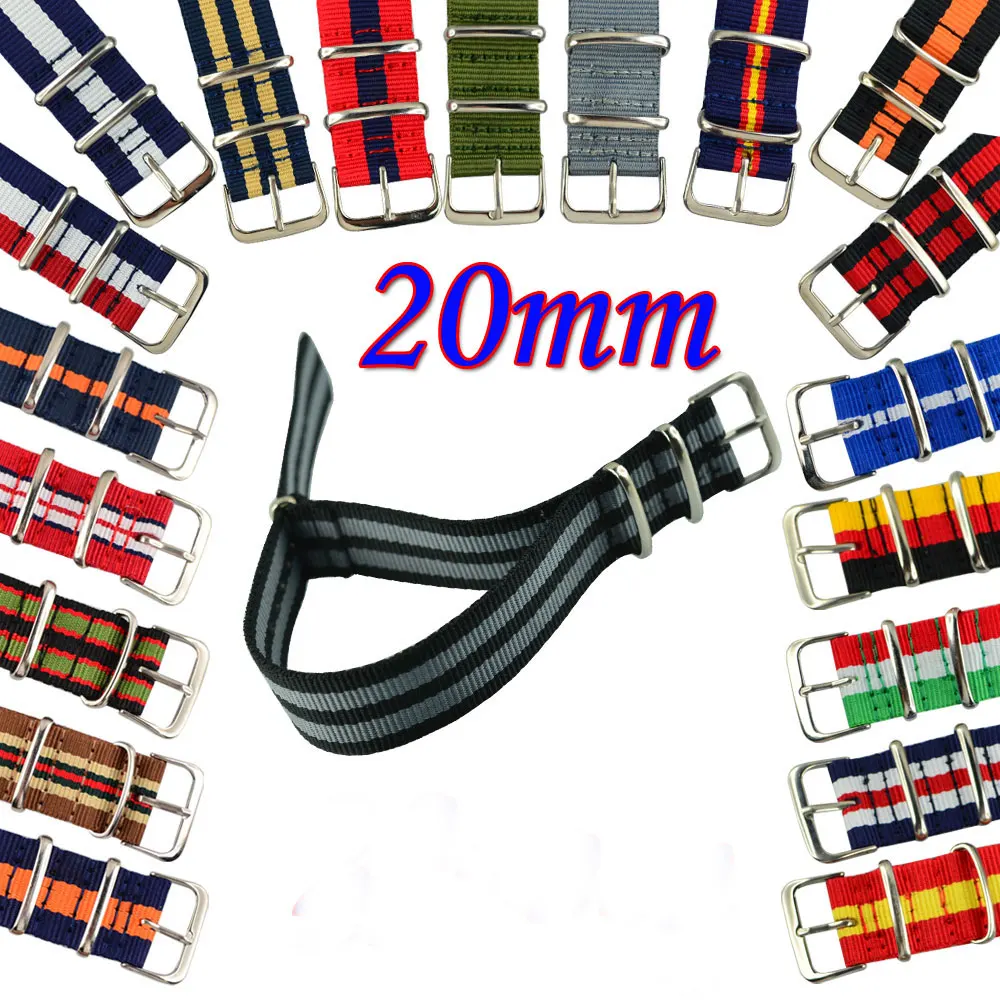 20mm Multicolor Nylon Wristwatch straps Stainless Steel Pin Buckle Unisex Fabric watch band | Наручные часы