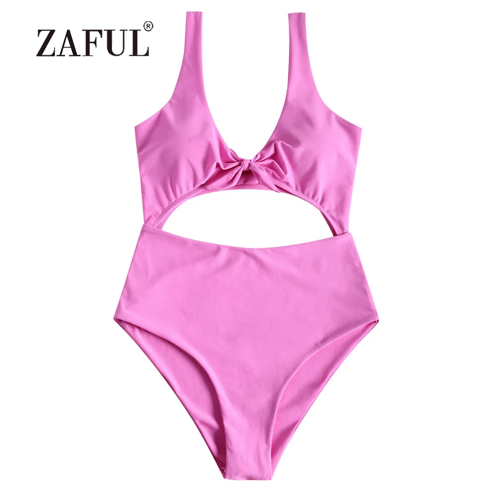 ZAFUL One piece Swimwuit Women Swimwear High Rise Cut Out Front Tied